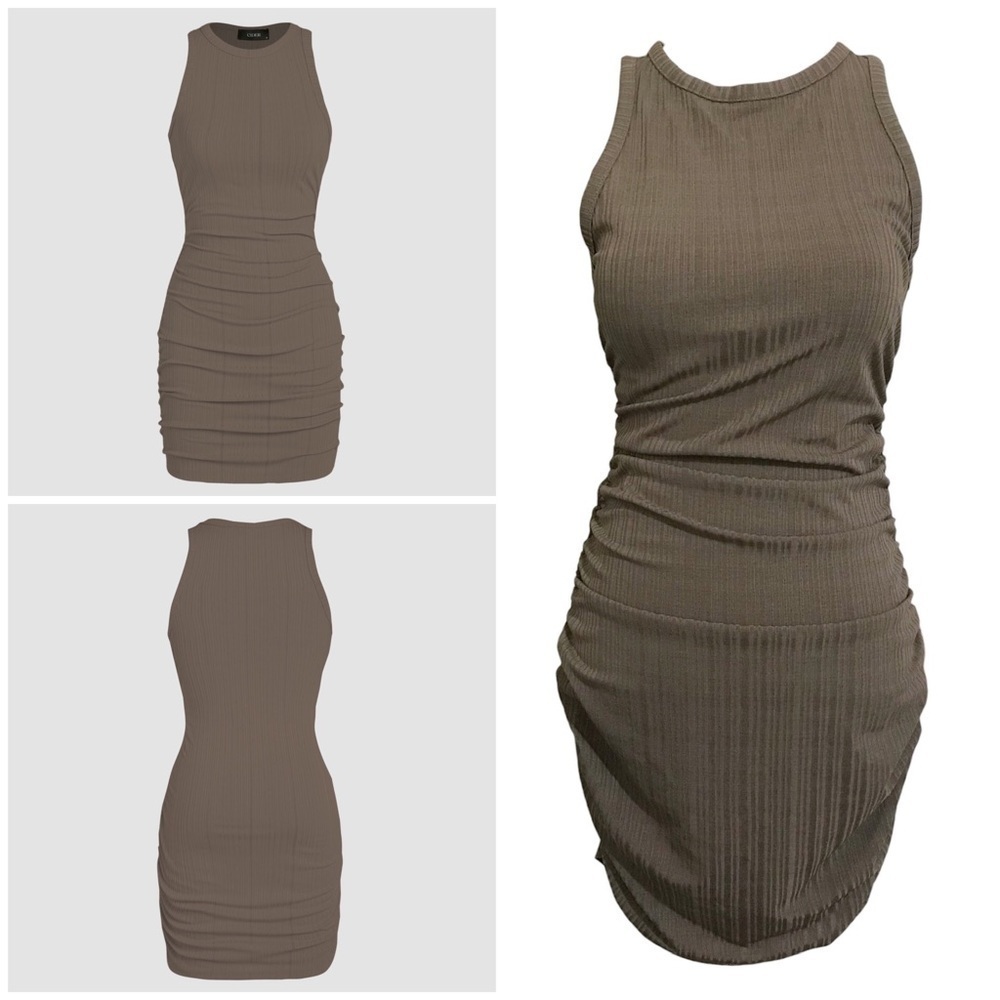 Cider Ruched Knit Sleeveless Mini Ribbed Dress in Coffee Size Medium NEW